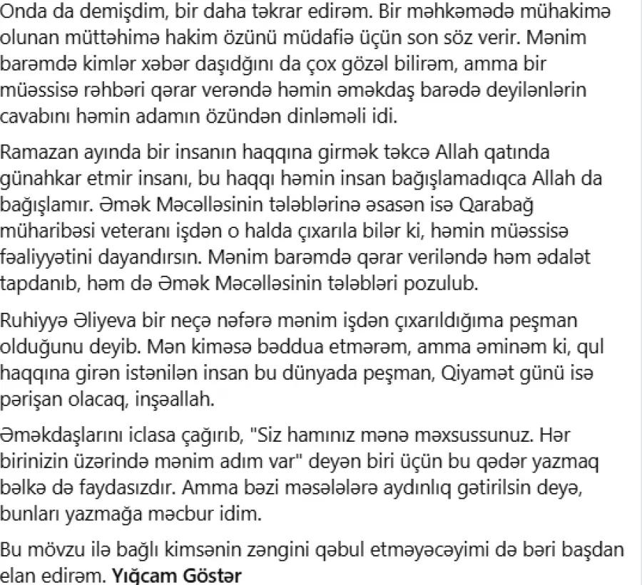 Ruhi Əliyeva Qarabağ veteranını işdən qovdu: Məhkəmə belə ona söz haqqı verir — 3