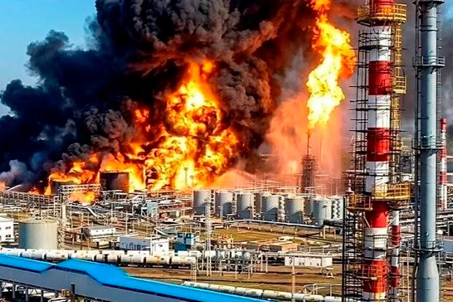 Qazaxıstanın nəhəng neft emalı zavodu yanır - VİDEO