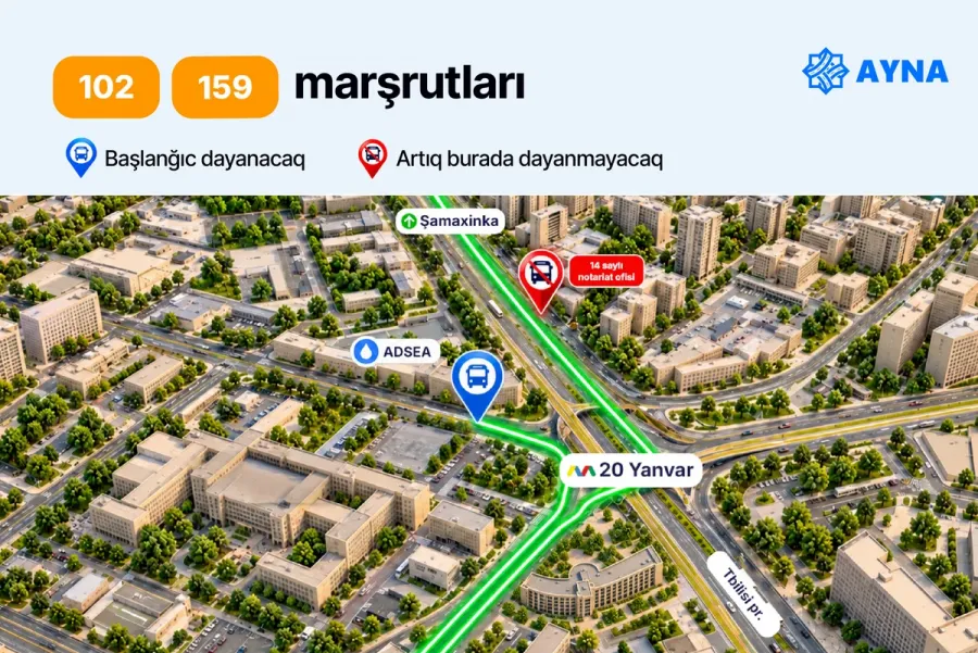 "20 Yanvar"-"Şamaxinka" dayanacaqlarından daha 4 marşrut çıxarılır